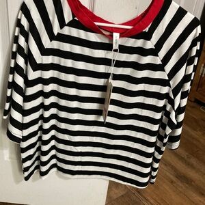 Striped Black and White Top with Red Accents